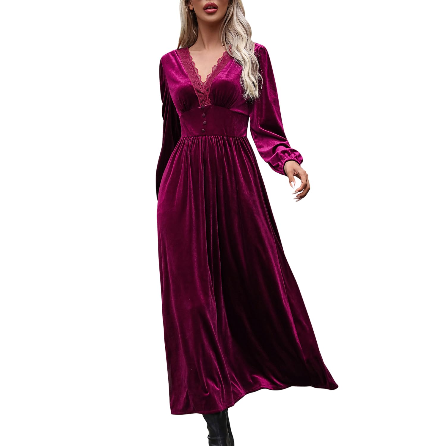 Womens Lace Deep V Neck Velvet Elegant Maxi Dresses Long Sleeve A-line Evening Cocktail Long Dress