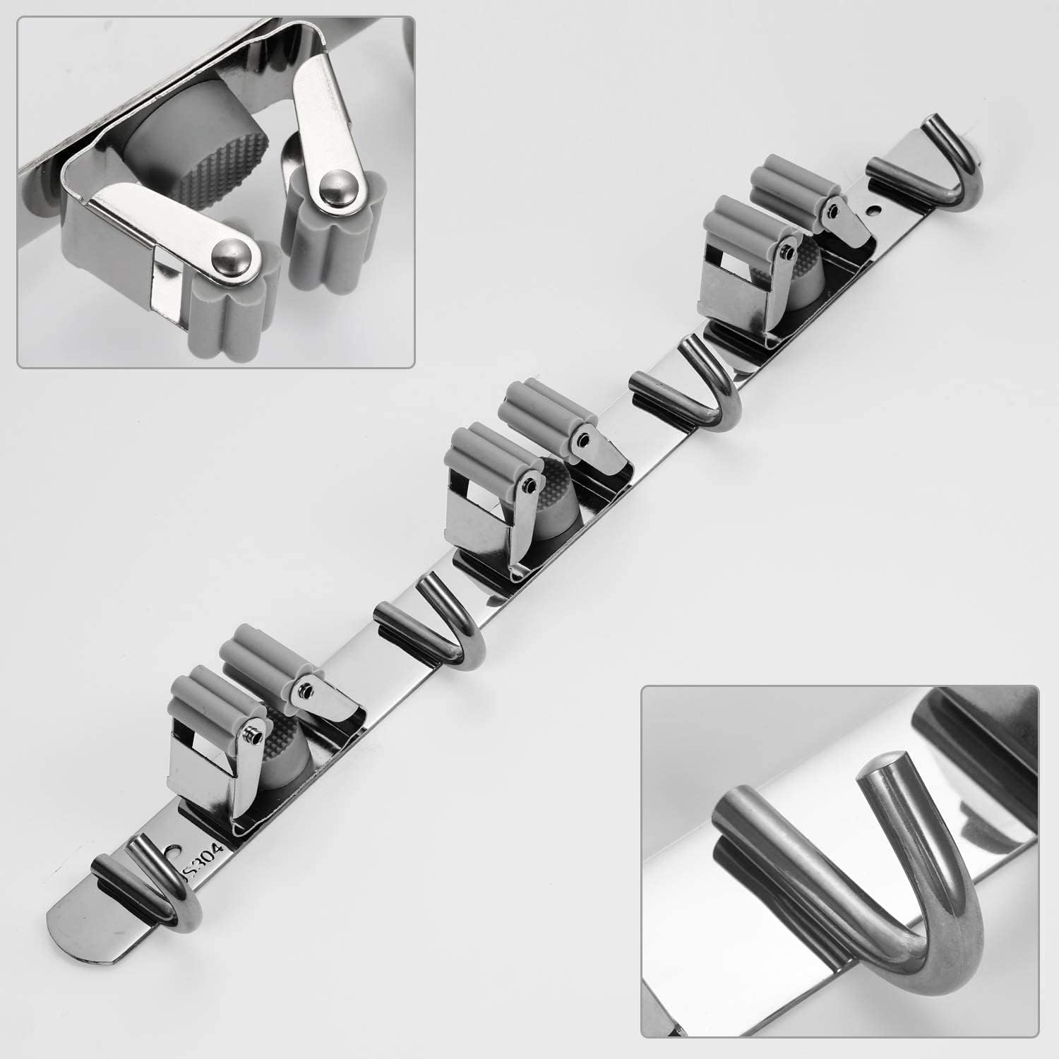 Kepzell Mop Broom Holder organizer No Drill Wall Mounted Heavy Duty with Hooks Hanger Storage Rack for Bathroom, Kitchen, Office, Silver(3 Racks 4 Hooks) 4
