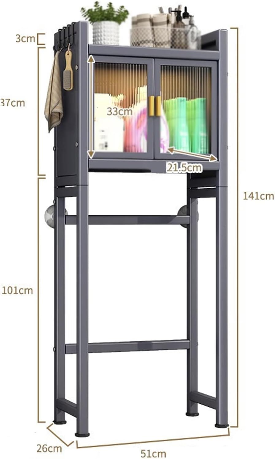 Over The Toilet Storage Shelf with Doors, Bathroom Shelf Over Toilet with Cabinet Multifunctional Space Saver Toilet Rack with 4 Hooks Laundry Organizer (Size : 2