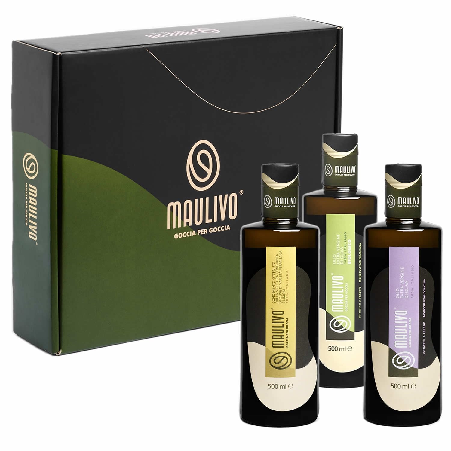 Cofanetto Regalo Astuccio Valigetta Olio EVO Extravergine di Oliva Maulivo Estratto a Freddo Peranzana Coratina Condimento Aromatizzato Limone Bottiglia 500 ml (VALIGETTA 3 BOTTIGLIE ASSORTITE)