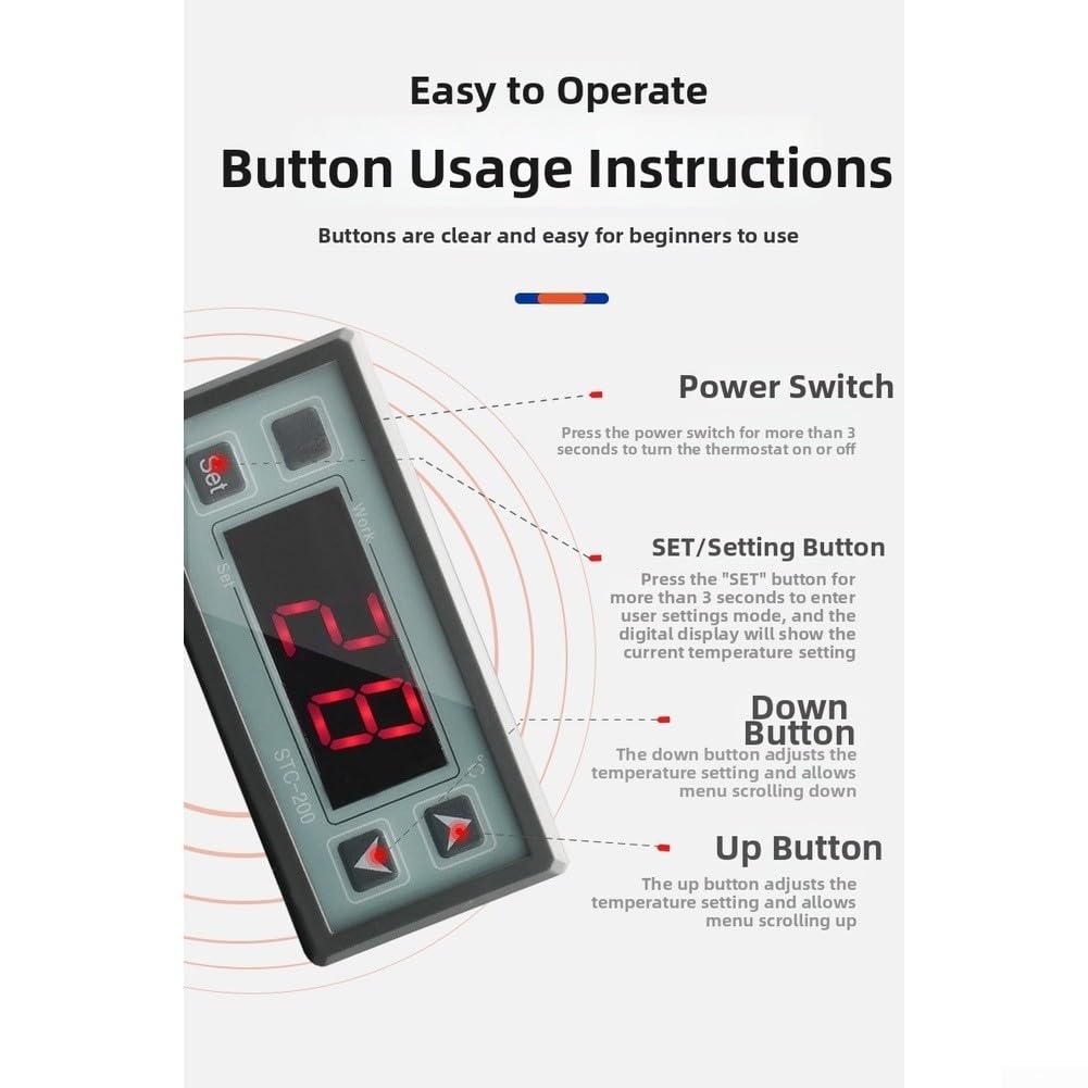 Regulador de Temperatura STC-200 con Sonda Digital Impermeable para Incubadora Reptil Cerveza Casera Pantalla LED Roja Precisión 0.1(English)