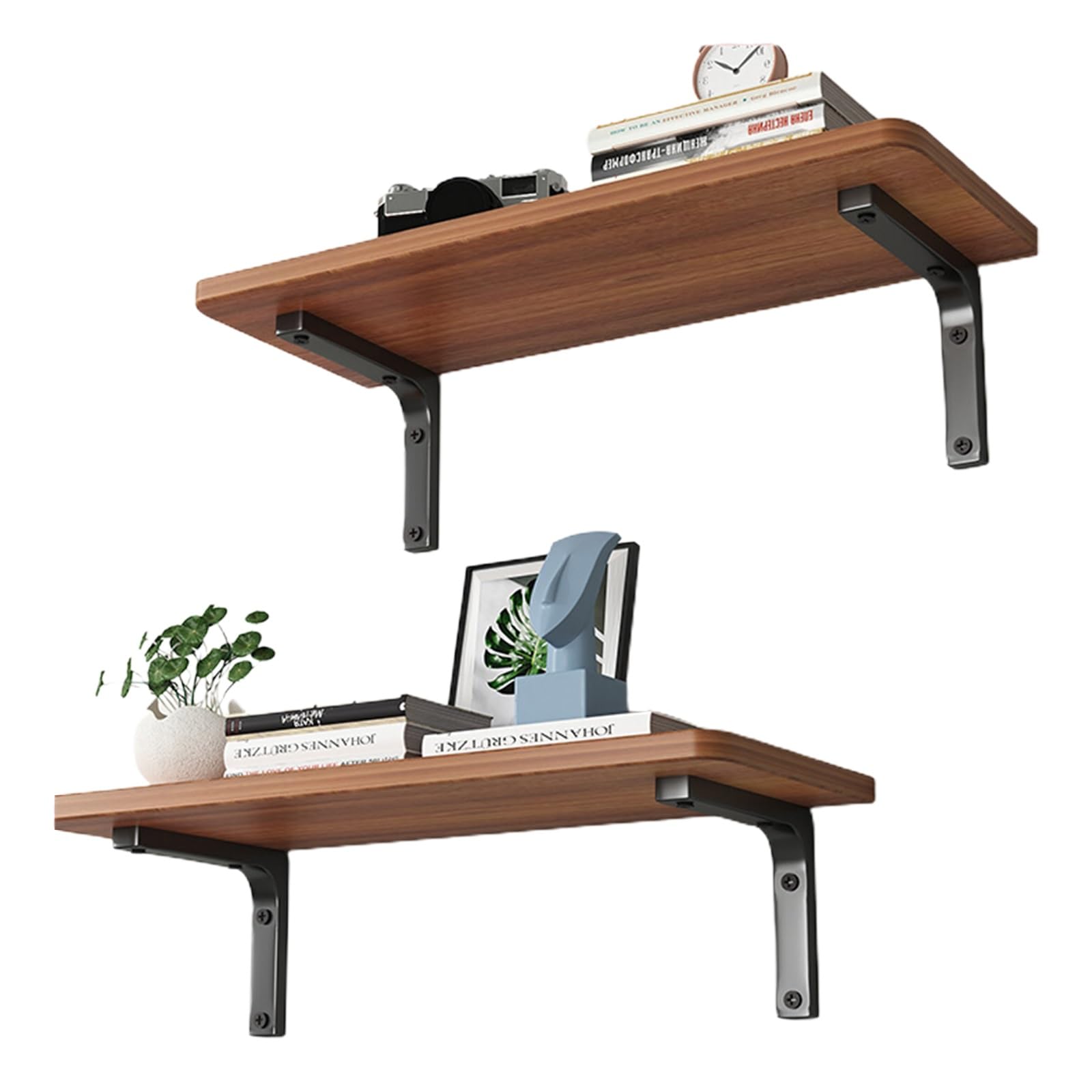 Juego de 2 estantes flotantes rústicos para decoración de pared y almacenamiento, pequeños estantes de madera para colgar en dormitorio, sala de estar, baño, cocina, estantería esquinera con diseño