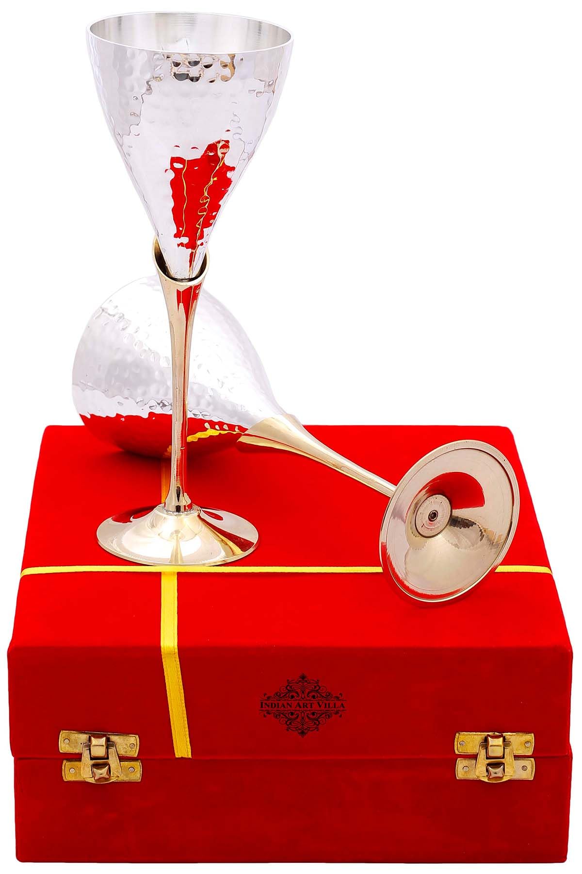 Indian Art Villa Silver Plated Hammered Goblet Wine Glasses - Set Of 2, 3.4 Oz Each, With Gift Box