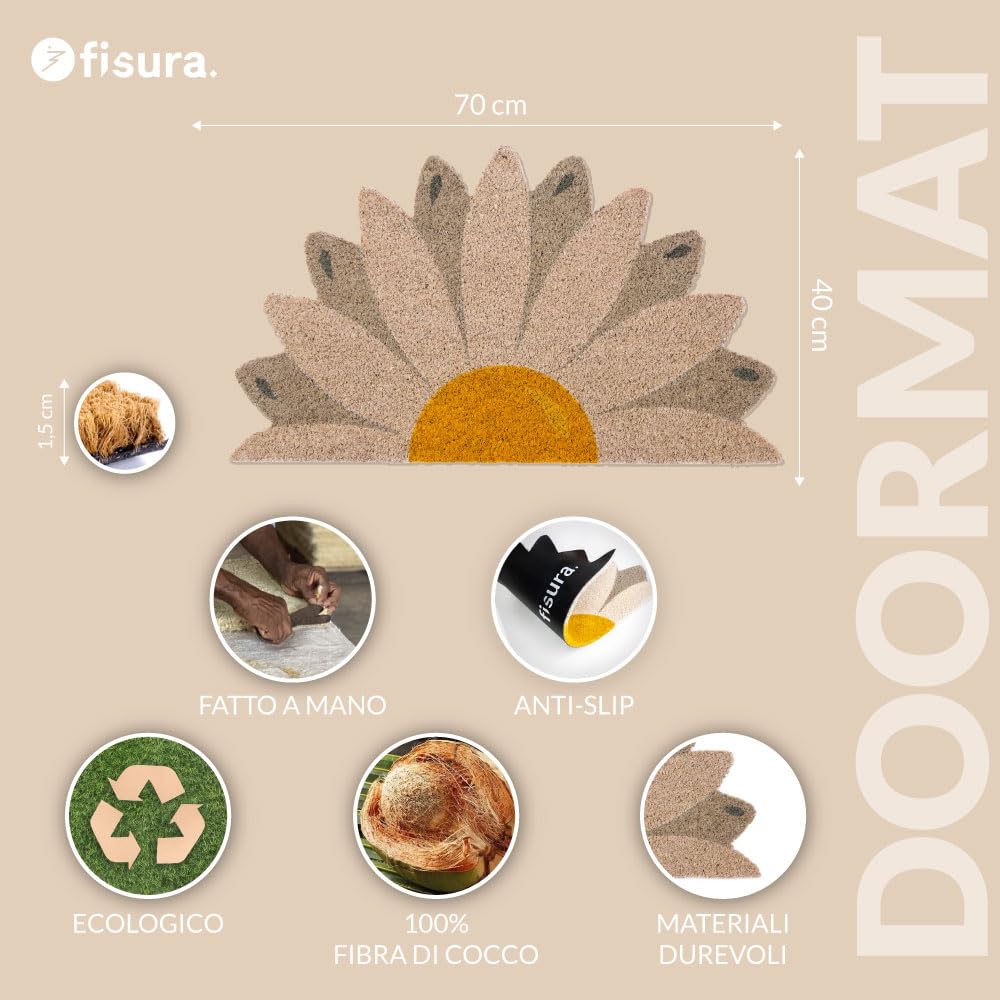 Fisura - Zerbino ingresso casa in cocco "Margarita" con supporto antiscivolo in PVC. Zerbino esterno divertente semicircolare. Misure: 70 cm x 40 cm x 1,5 cm. Tonalità marroni.
