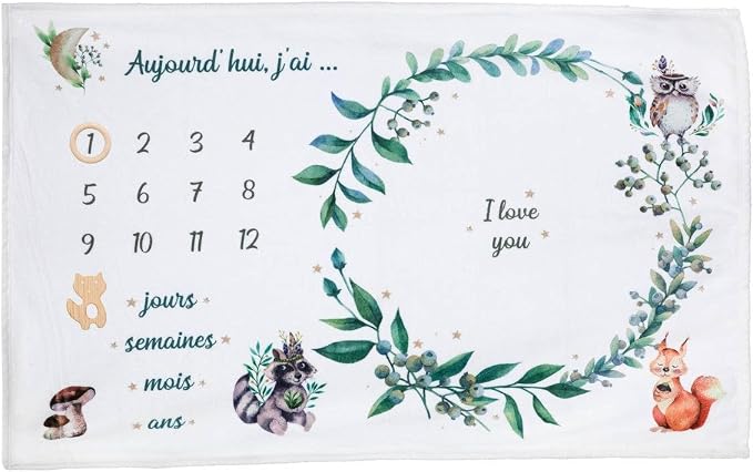 ATMOSPHERA CREATEUR D'INTERIEUR Couverture d'Étapes Mensuelles 120 x 80 cm en Polaire avec Marqueurs en Hêtre