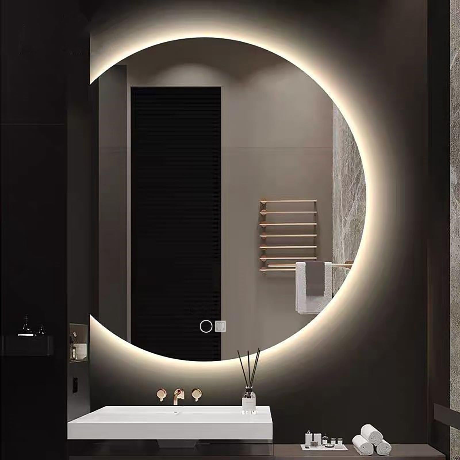 FGXHHS 80cm/31.49in Semi-circular with LED Lights, Dimmable 3 Colour Lighting, Anti-Fog Shatterproof HD Glass, Mounting Options (Horizontal/Vertical) for Vanity & Makeup