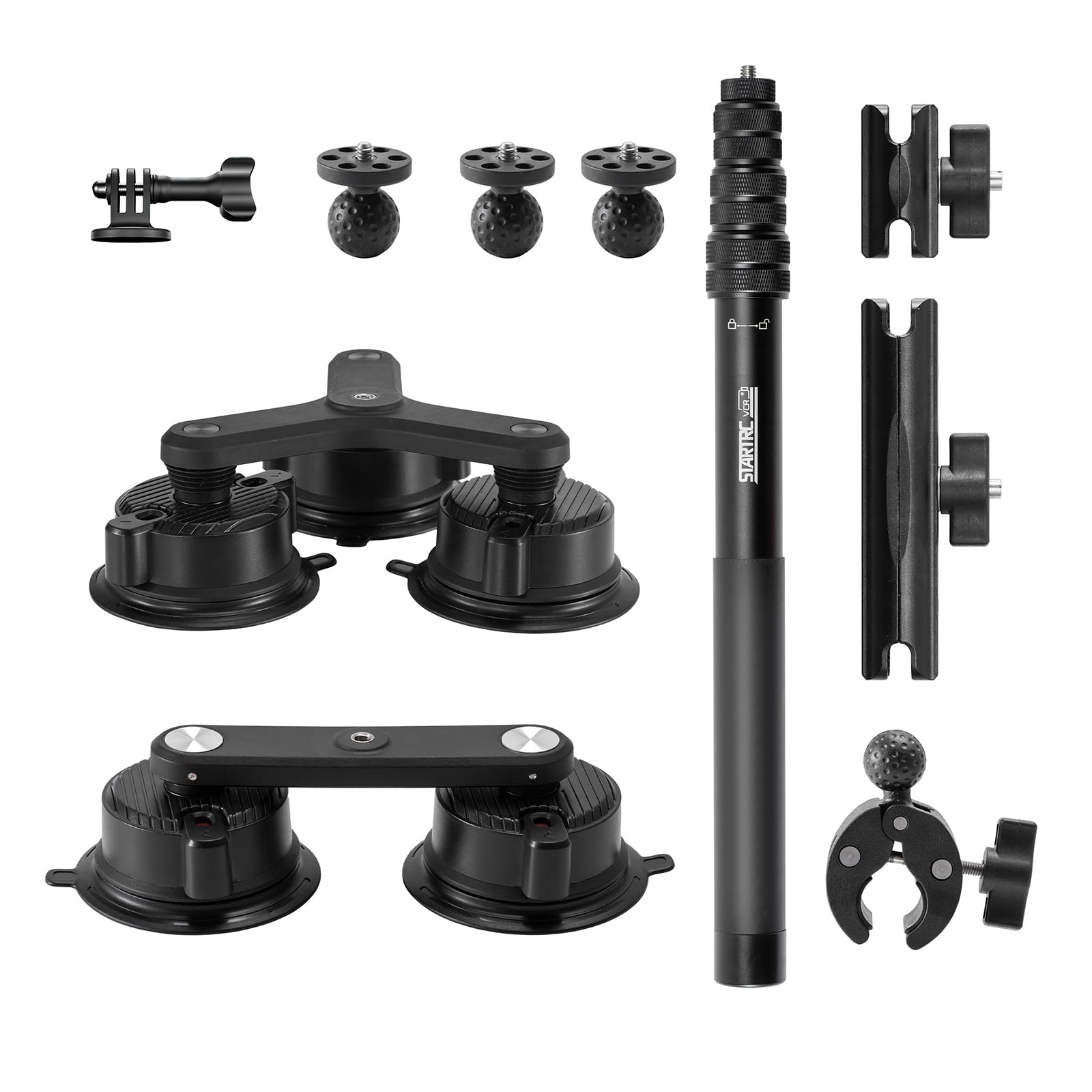 Soporte de ventosa para coche Penta para Insta 360 X5 / DJI Osmo Action 6 / GoPro Hero 13 accesorios aluminio 110 cm extensible Selfie Stick 10 en 1 Kit de montaje de succión para X4 Air/Osmo 360