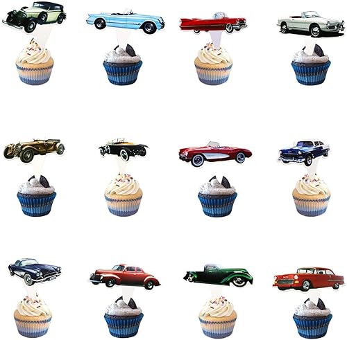 Miniatura 5 de Classic Cars - 24 piezas de adornos para cupcakes, convertibles, vintage, recuerdos de fiesta temática de los años 50, selecciones de pastel para