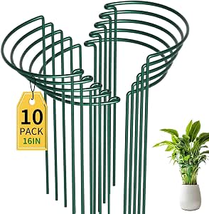 10 Pack Garden Plant Support Stakes, 10" Wide x 16" High Heavy Duty Interlinked Ring Cages for Indoor and Outdoor Plants