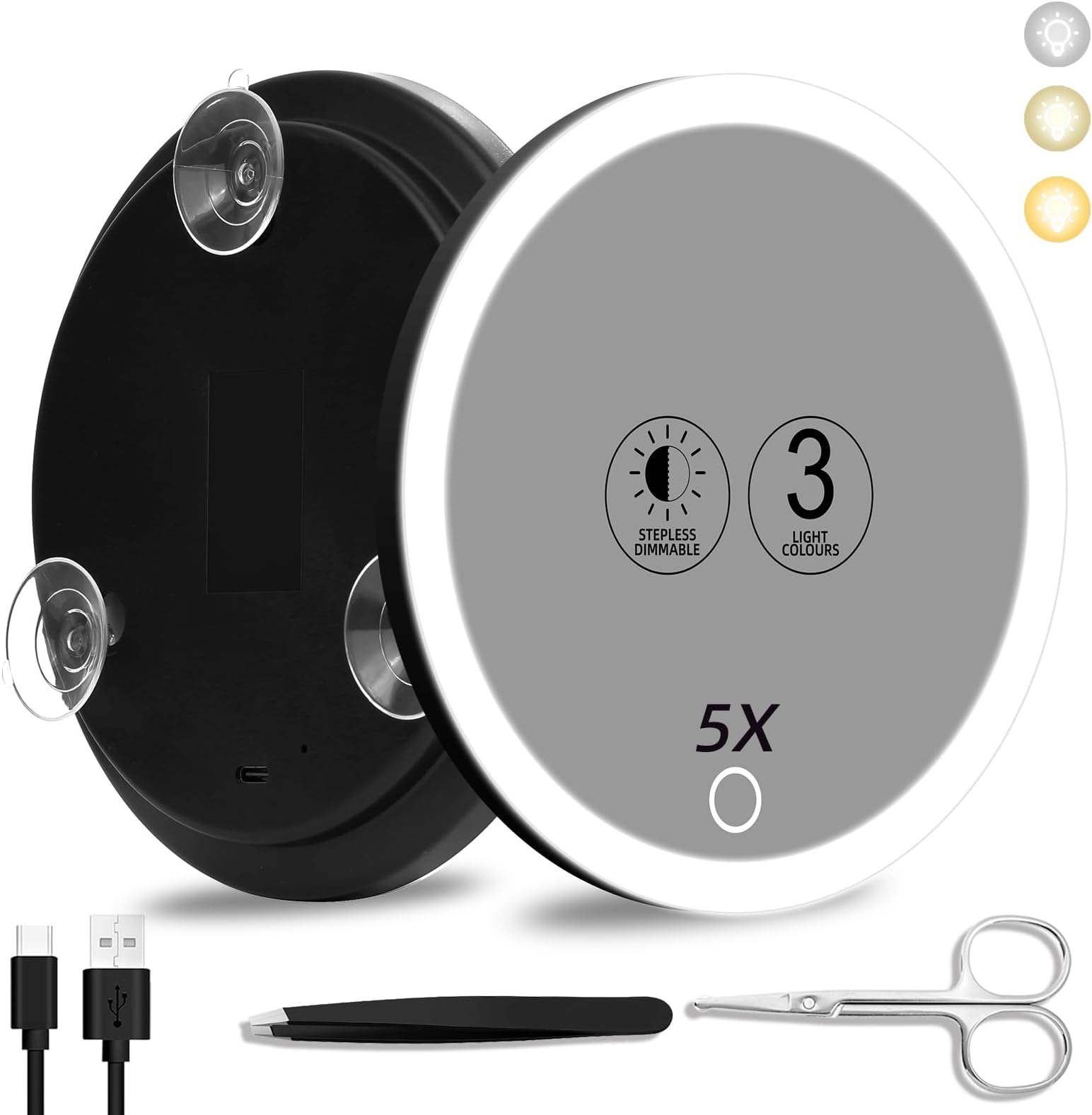 Suupvaor5X Magnifying Mirror with Light, 3 Color Modes Dimming Makeup Mirror with 5X Magnification, LED Lighted Travel Magnifying Mirror with 3 Suction Cups, With Tweezers & Scissors
