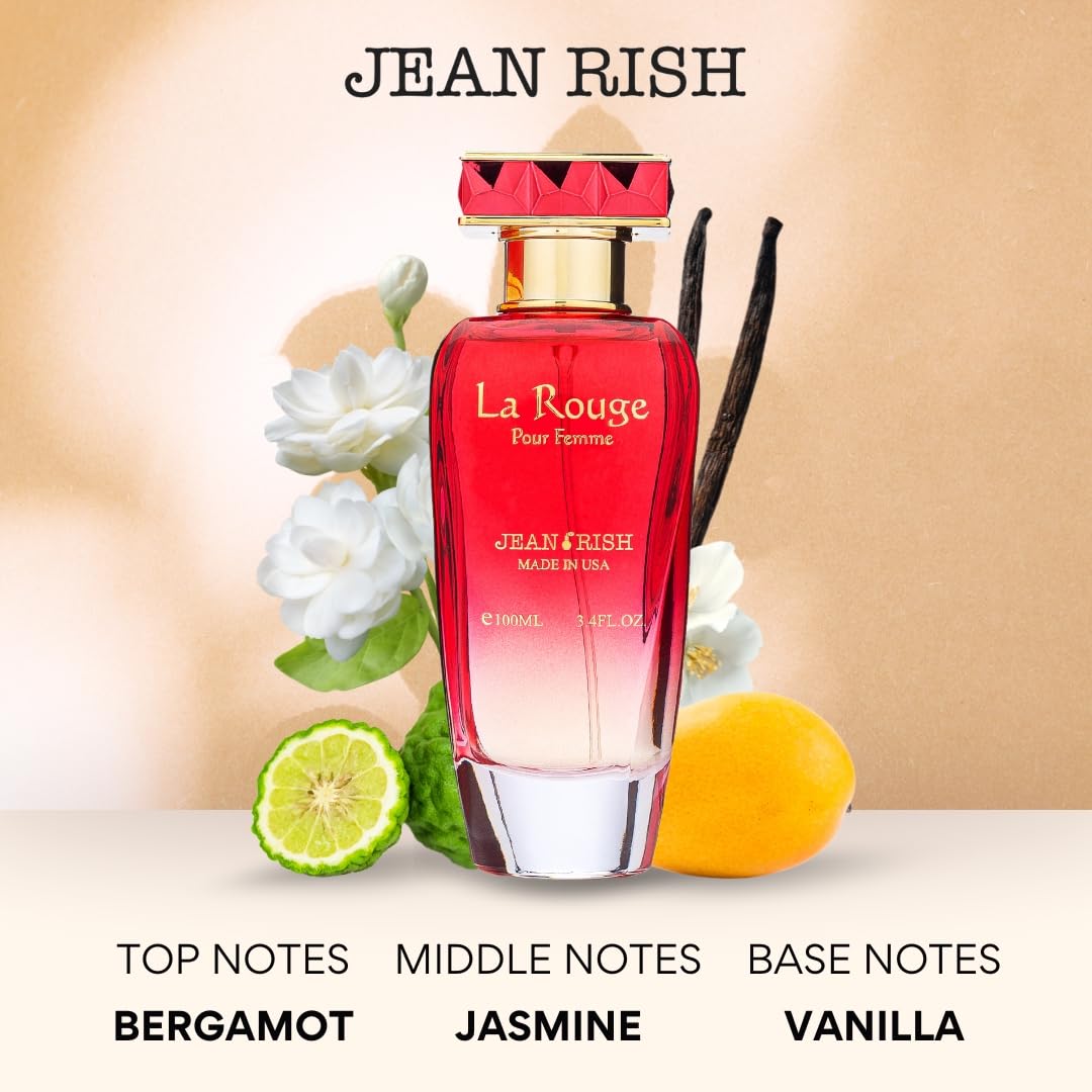Jean Rish La Rouge Eau De Parfum - Perfume for Women (3.4 Fl Oz / 100ml) with Mango, Jasmine & Vanilla Notes - Long Lasting and Luxury Fragrance