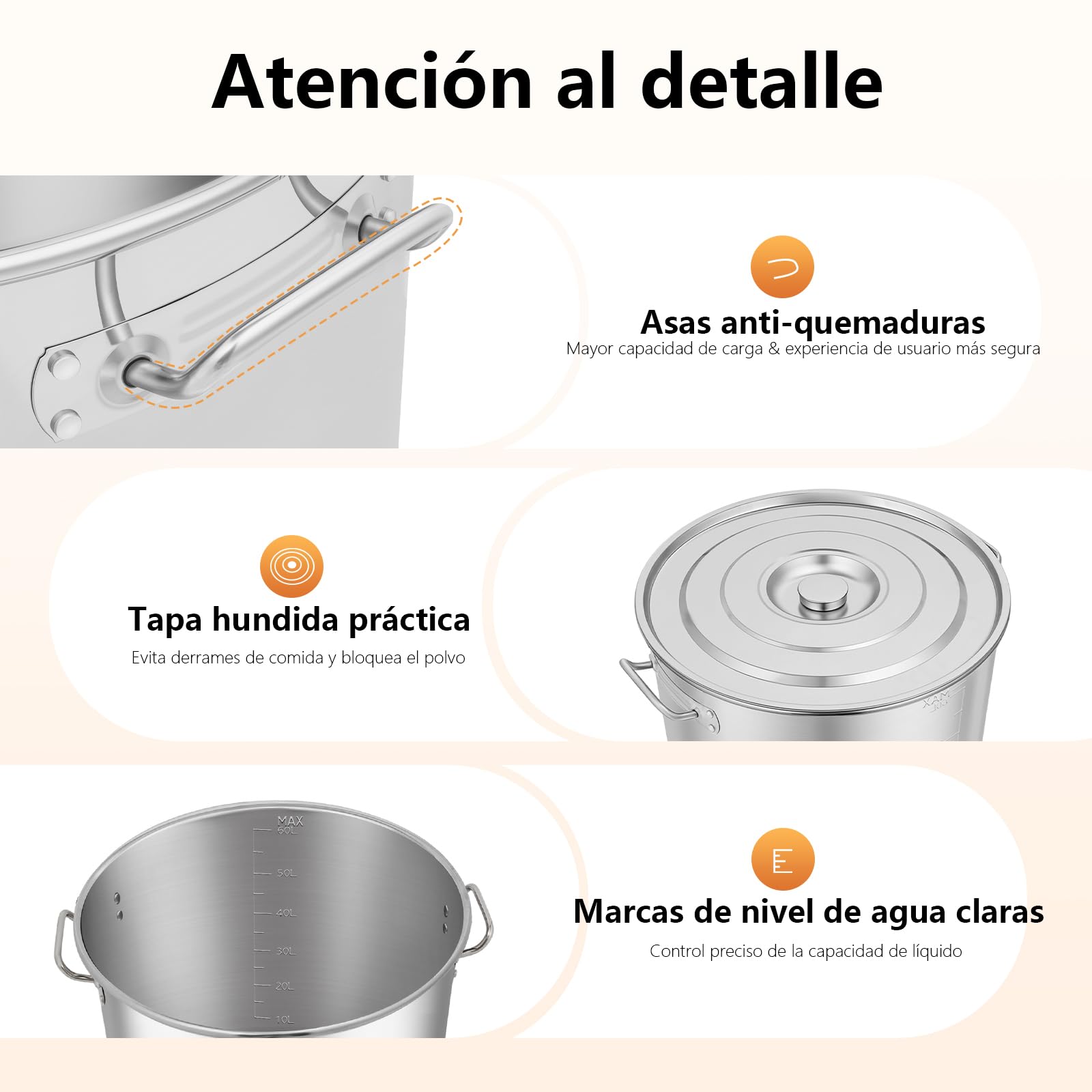 Olla grande de acero inoxidable de 70 L, con asas, diámetro de 45 cm, altura: 45 cm, tapa de fregadero, superficie pulida, olla grande de acero inoxidable para cocinas de gas, cocinas