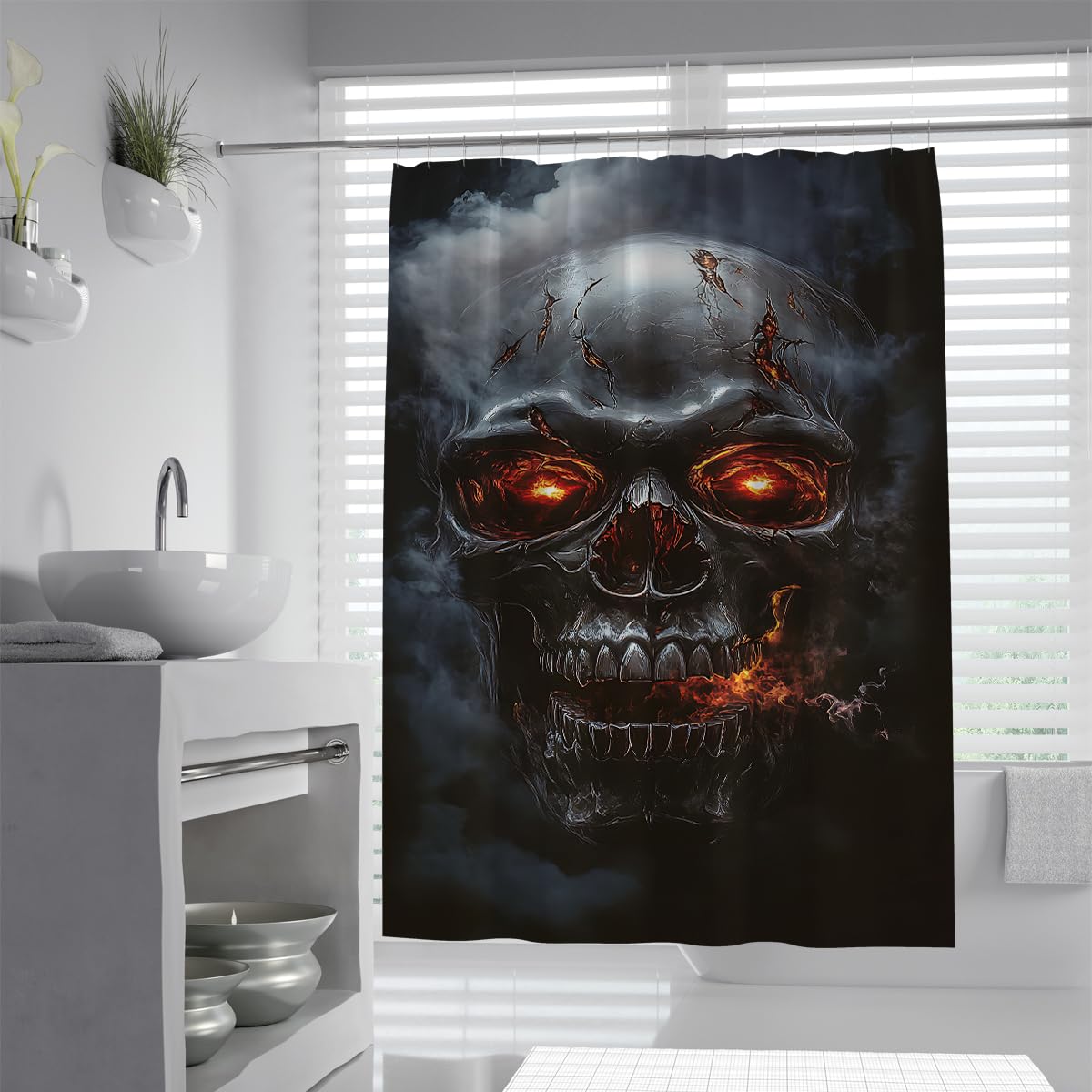 UIRINGART Red Eyes Skull Shower Curtain W120xL180cm Fire Burning Skeleton Head Anti Mould Mildew Resistant Waterproof Fabric Bathroom Curtain with Hooks