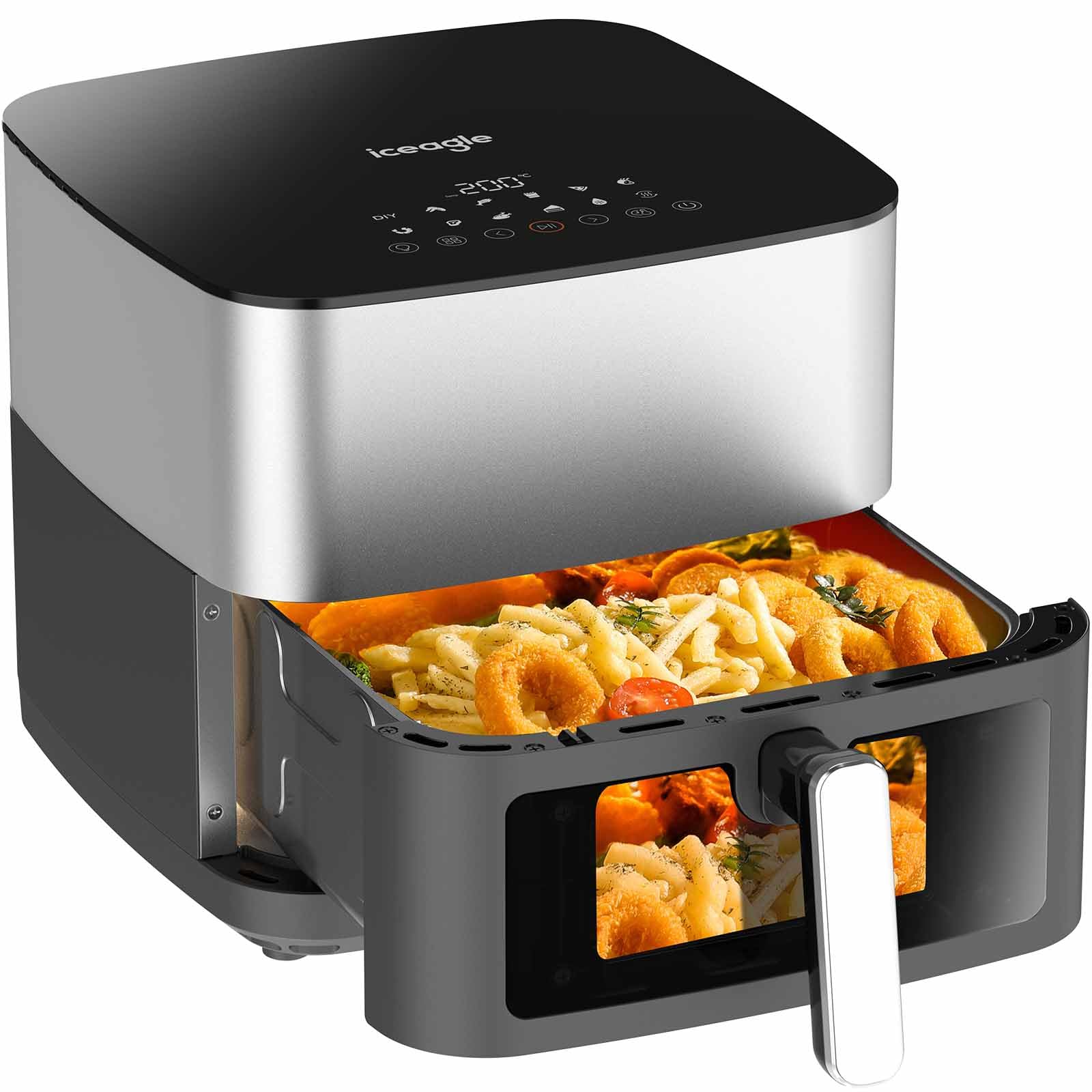 Iceagle Freidora de Aire 9L XXL – 2000W Air Fryer con Doble Resistencia | Freidora Aire sin Aceite con Ventana, 12 en 1, Función DIY, Diseño metálico de 360°, Pantalla LED Ergonómica, Recetas