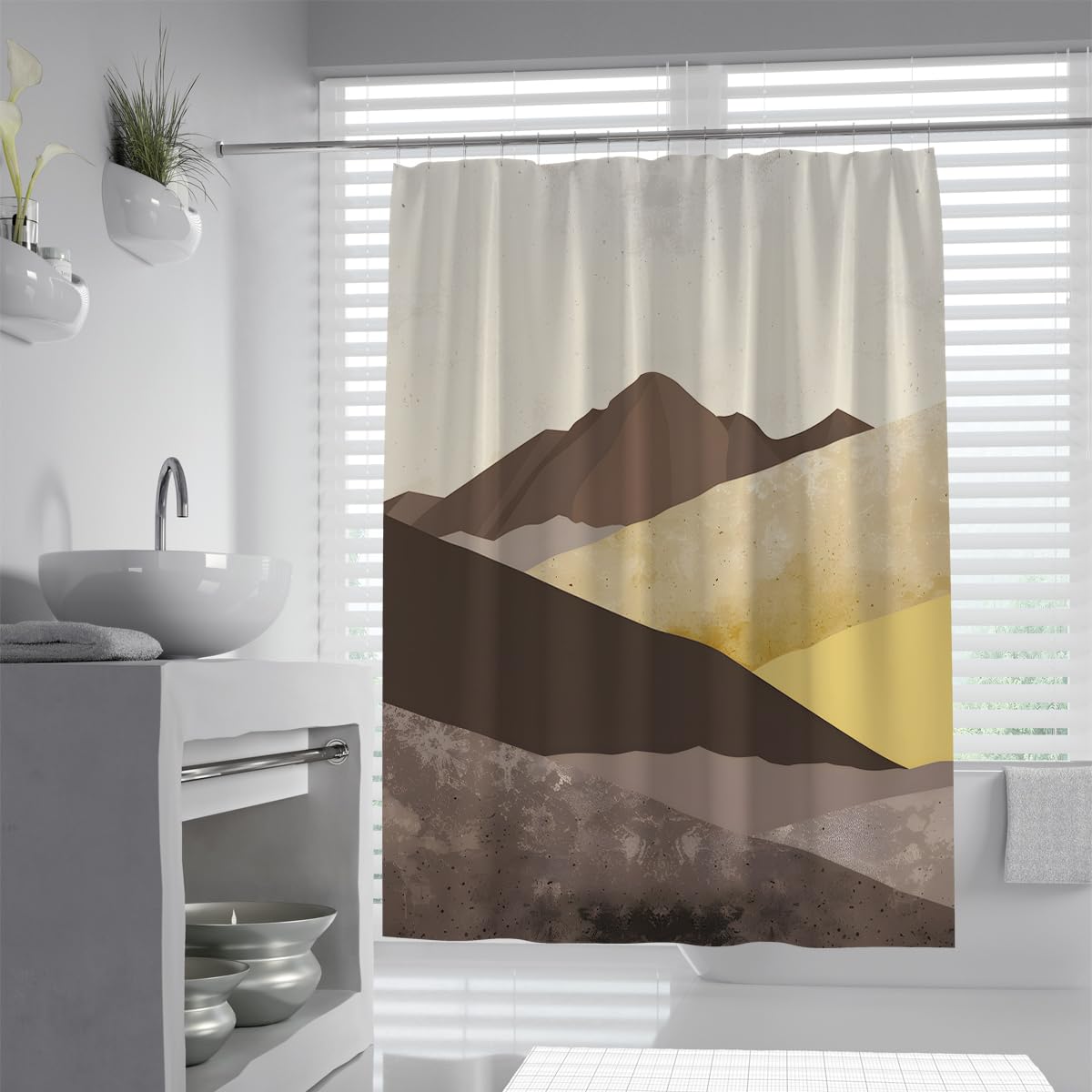 UIRINGART Rustic Bath Curtain W150xL200cm Abstract Geometric Layered Mountain and Ridge Texture Pattern Mildew Mould Resistant Polyester Fabric Bathroom Curtains