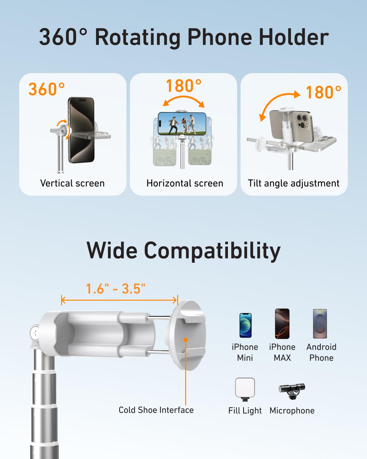 TELESIN 70" Phone Tripod Stand, Gravity-Activated Auto-Open Selfie Stick, Extendable Cell Phone Stand with Magnetic Bluetooth Remote, 360° Adjustable Travel Phone Tripod for iPhone/Android