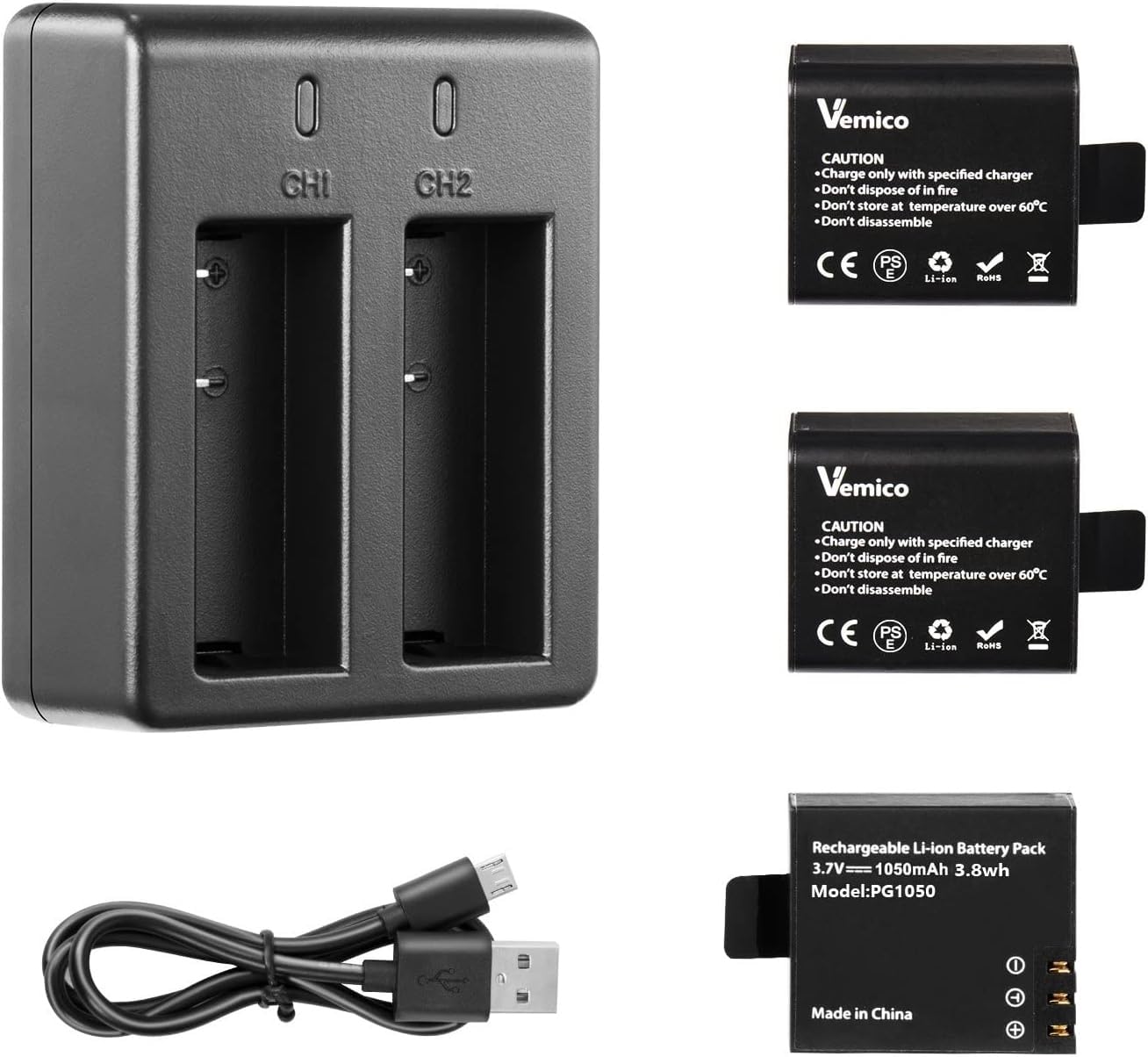 Amazon | アクションカメラ バッテリー, Vemico 3×1050mAh 充電式