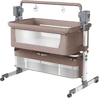 Baby Bedside Crib Toddler Bedside Cot Baby Cradle Adjustable Multifunctional Baby Bassinet Infant Bedside Sleeper Portable Baby Swing with Bluetooth Music 5 Swaying Gears Remote Control (Khaki)