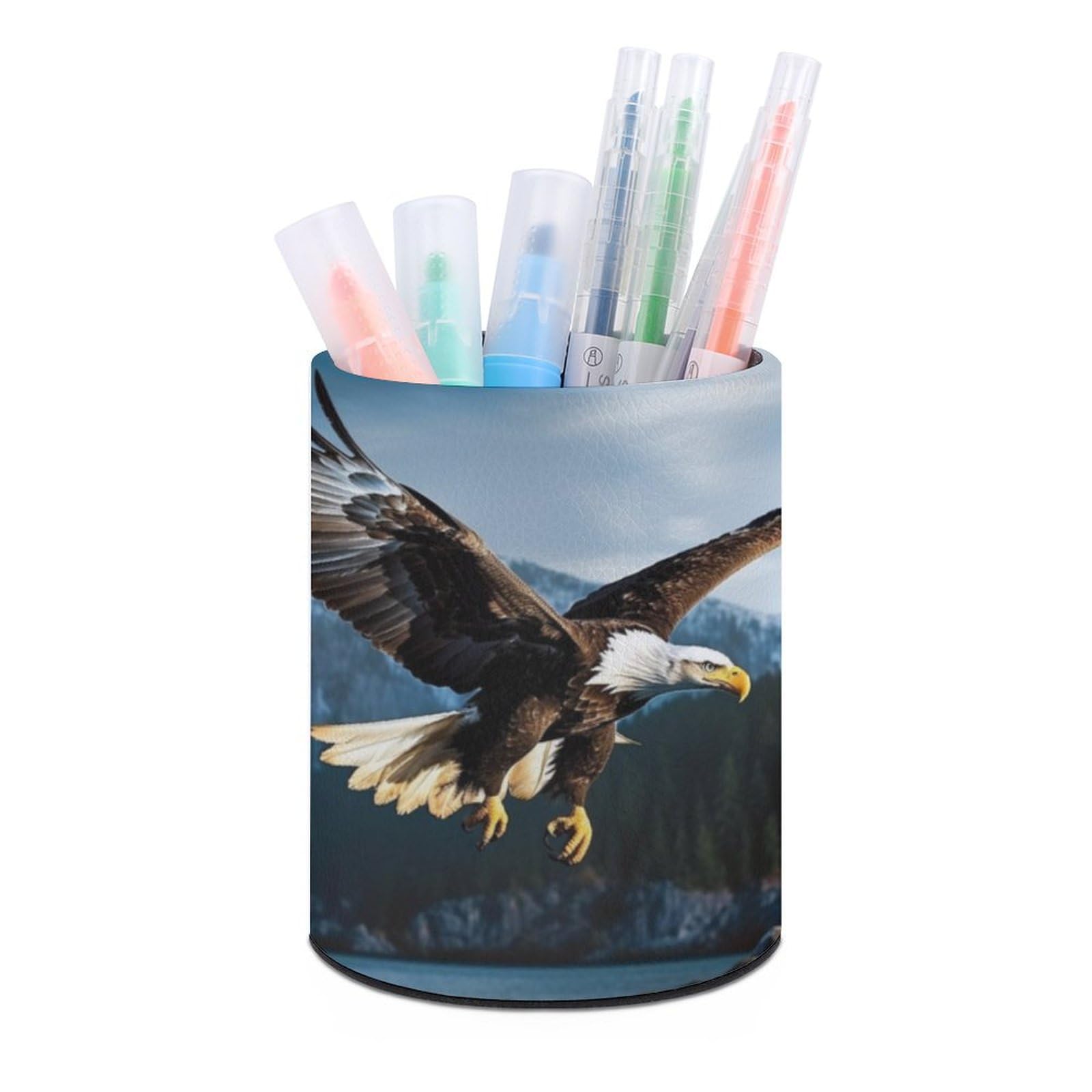 JTREHY Round Pen Holder,Eagle at Hunting Printed Makeup Brush Storage Box Desktop Stationery Storage Cup Office Accessories Storage Box Pencil Storage Box for Home Office Dressing Table