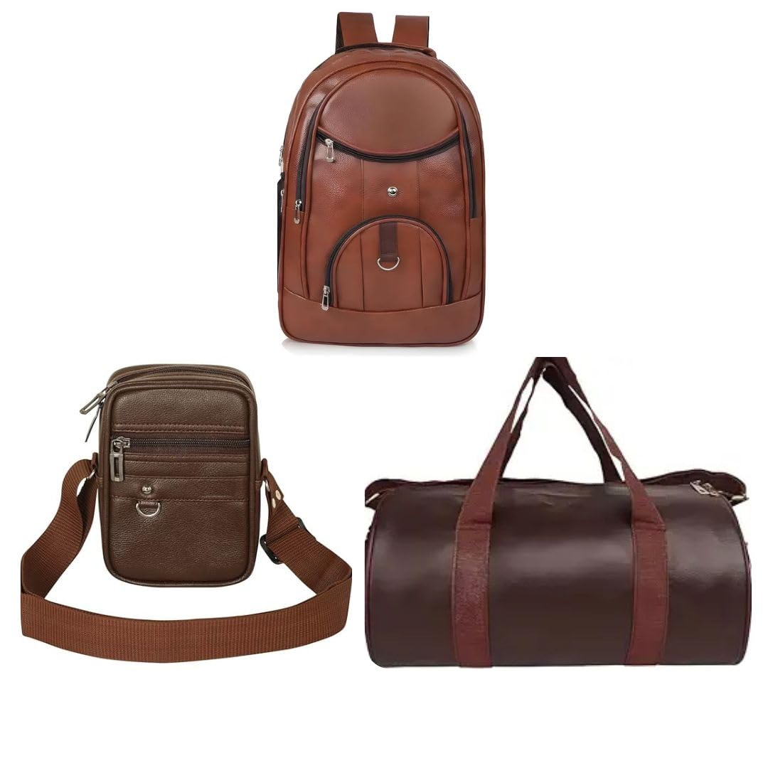 treggo Premium 3-in-1 Brown Leather Travel Set, Laptop Backpack, Duffle Gym Bag, Crossbody Messenger Bag, Professional Office Weekend Luggage Combo-picture-12