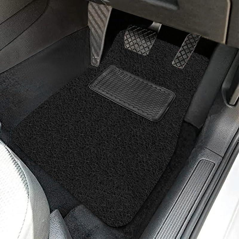 Image of FAM Enterprises Curly Car Floor Mat Compatible for Kia Carens Clavis Petrol 7 Seater | Curly /Noodle Car Mat Dust & Liquid Trapping with Heel Pad | Set of 5 | Color - Black