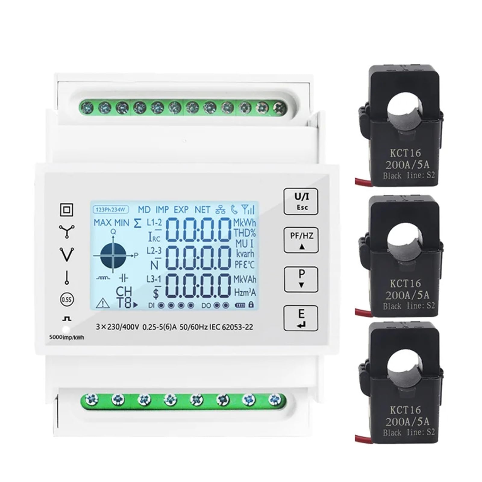 Licznik prądu szyna DIN 3-fazowy monitor zużycia energii miernik mocy kWh amperomierz z 3 szt. RS485 Modbus 50/100/15/200CT 230VAC (metr 3 szt. 200 A CT)