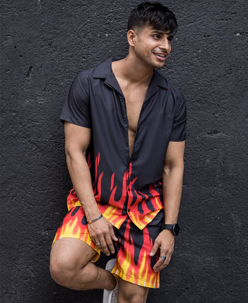 Image of Men's Poly Lycra Digital Printed Shirts with Pajama Shorts Night Suit Set