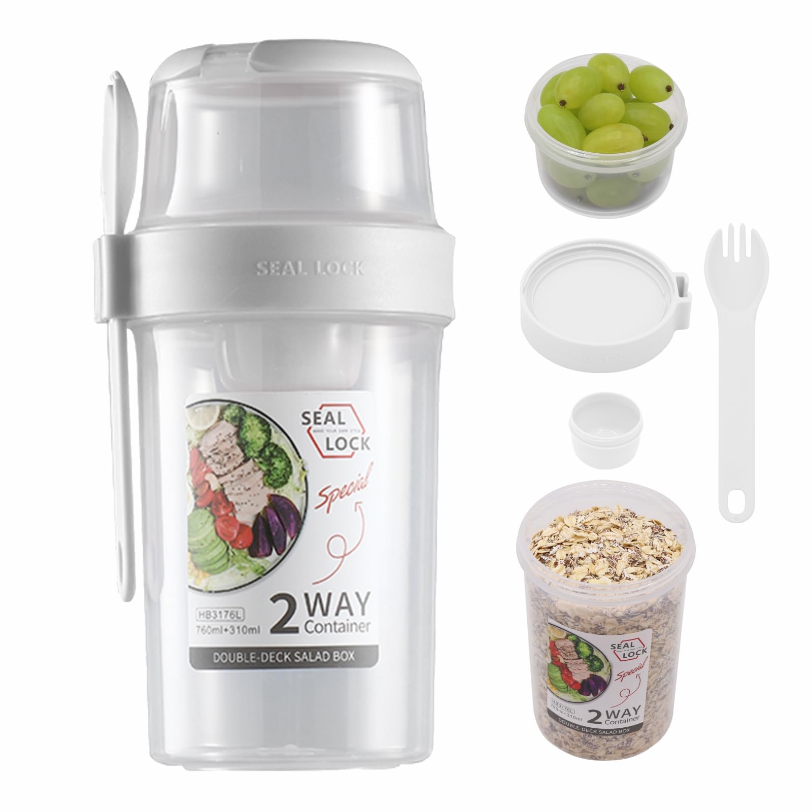 THE WHITE SHOP Keep Fit Salad Meal Shaker Cup,Salad Container for Lunch, Portable Fruit and Vegetable Salad Cups Container with Fork & Salad Dressing Holder/white