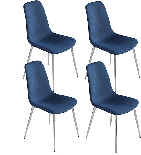 Mid-Century - Juego de 4 sillas de comedor modernas, cómodas sillas auxiliares con asiento de tela, patas plateadas de metal resistentes para