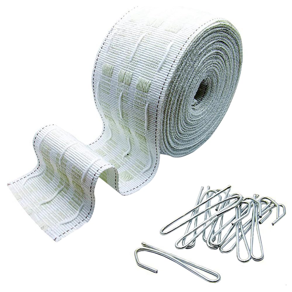 SEIWEI Curtain Tape with Hooks, 6m*8cm Pleater Tape for Curtain, Glide Ring Pleat Tape with 30 Metal Hook Clips Curtain Accessory for Most Windows (1 Pack)