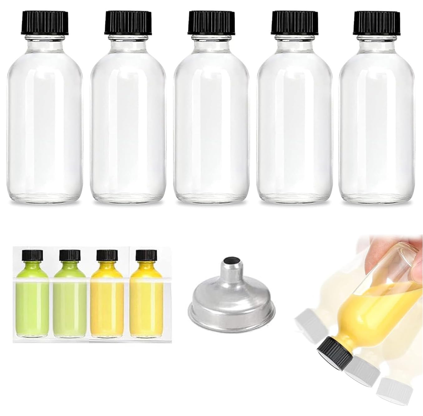 STORE 2508 5 Clear Glass Bottles 60ml with Lids and Funnel - Image 1