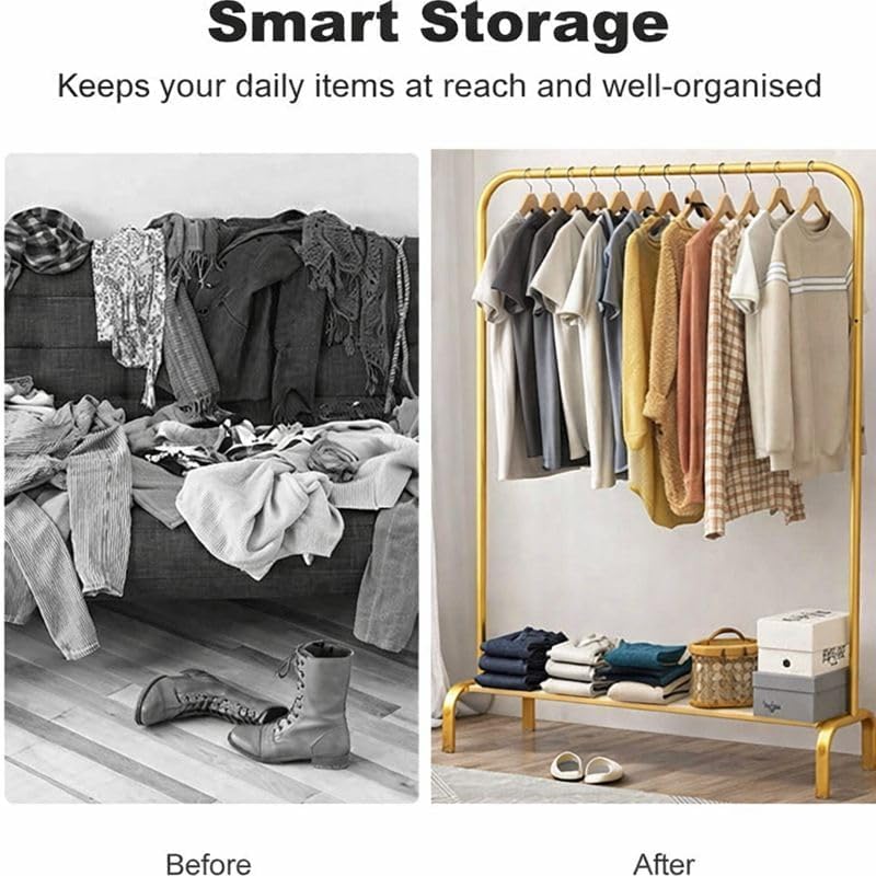 Image of Single Pole Coat Hanger /Cloth Stand /Garment Stand with Bottom Shelves - Metal Garment Rack for Organized Storage 8 Hook (Gold)