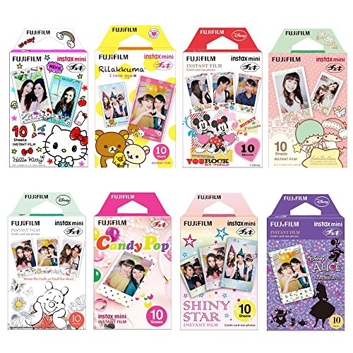 Fujifilm Instax Mini Film 8 Pack Bundle Hello Kitty, Disney Mickey, Pooh, Rilakkuma, Little Twin Stars, Candy Pop, Shiny Star, Disney Alice and+ Stickers 40 pcs.