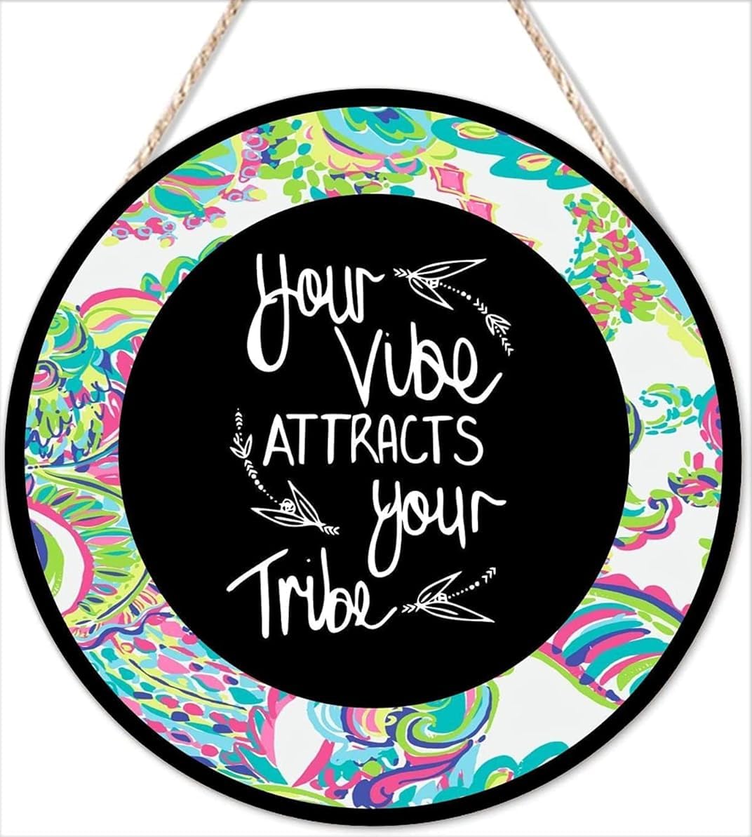 Color-10 Rustic Round Wood Sign Your Vibe Attracts Your Tribe Wooden Plank Front Door Sign Farmhouse Decor Wall Hanging Home Kitchen Garden Bar Cafe Home Retro Decoration 12X12 Inch