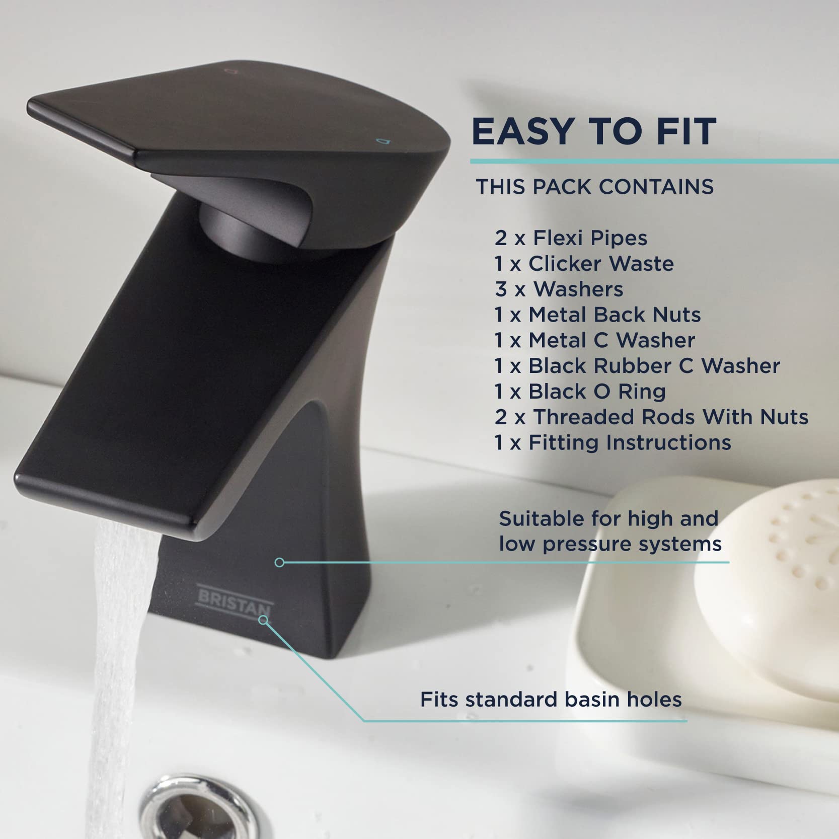 Bristan Hourglass EcoStart Basin Mixer With Clicker Waste (Black - View #4