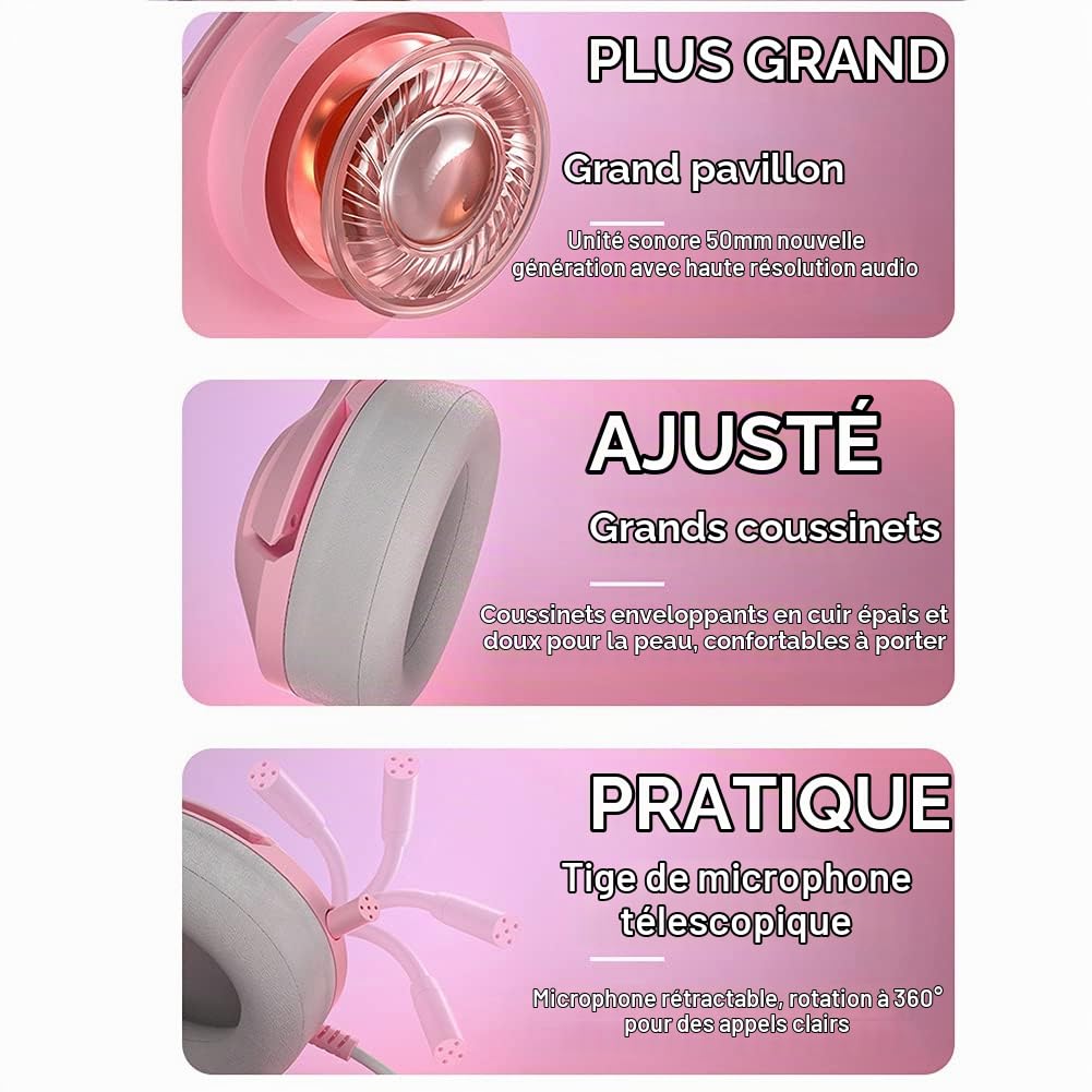 USB Casque de Jeu Rose Gaming Headset avec Oreille de Chat | Filaire Headset, Son Surround 7.1, Réduction de Bruit, Lumière LED RGB, Réglable Microphone, Pour PC Femmes Filles Adulte