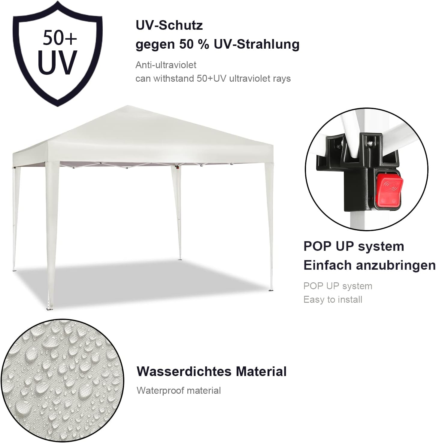 WOLTU Tonnelle de Jardin Pliable 3x3m avec Sacs de Sable Beige | UPF 50+ UV, imperméable, hauteur ajustable, vent stable, avec sacs de sable, Jardin