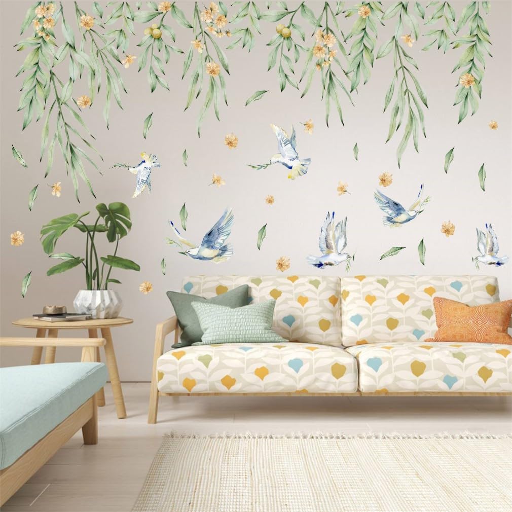 MXAEUK Hanging Green Leaves Wall Decal, Watercolor Botanical Vine with Birds Flower Vinyl Wall Stickers - Image 2