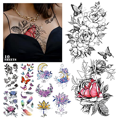 Cerlaza Temporary Tattoos For Women Adults, Butterfly Flower Stickers Fake Semi Permanent Long Lasting Tattoos, Body Leg Makeup Waterproof Realistic Henna Tattoos Kit-45 Styles On 10 Sheets #TOP21
