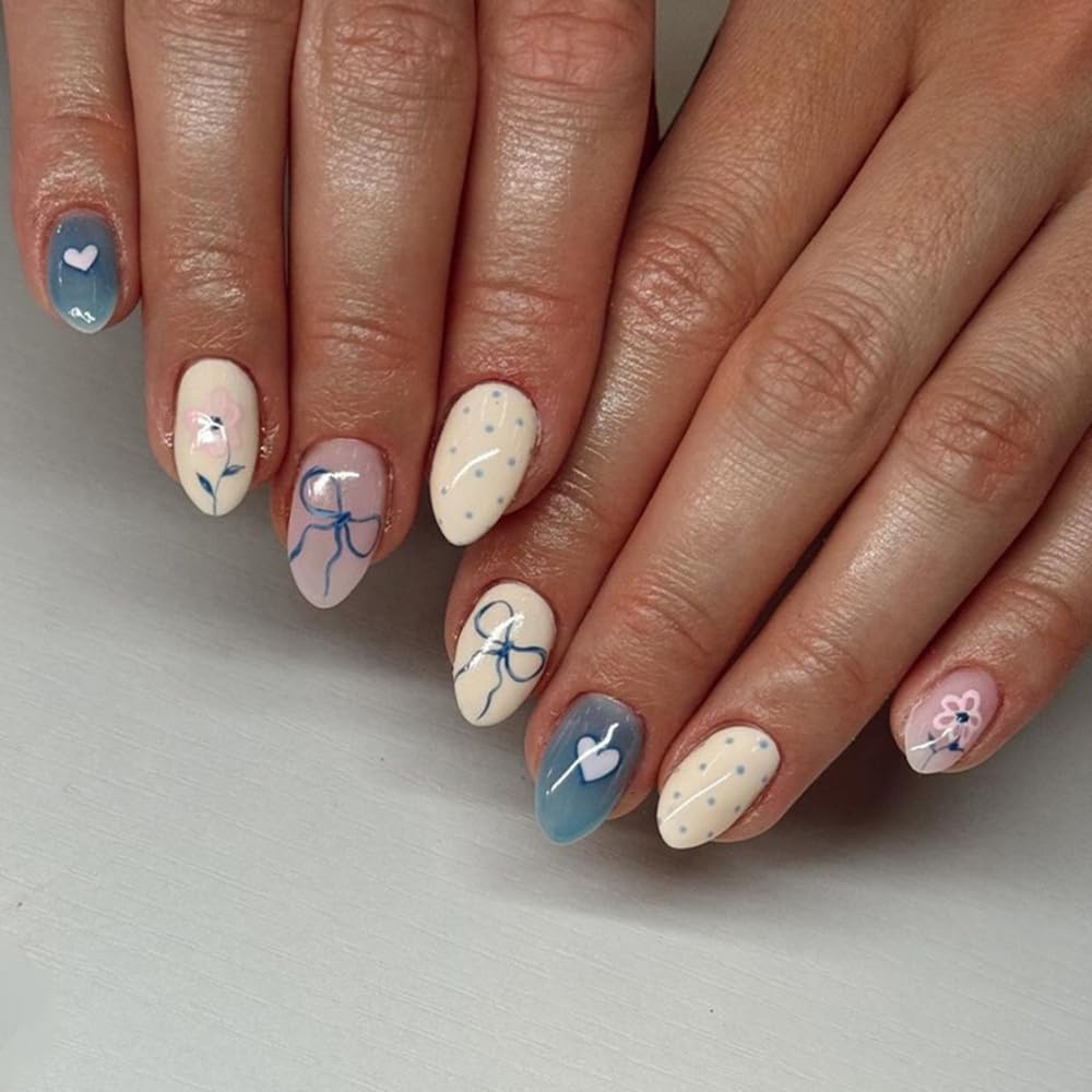 30Pcs Wave Point Press On Nails: Short Almond Shape Bow Fake Nails With Heart Acrylic Designs - Azure French Bows, Reusable, Glue On False Nails for