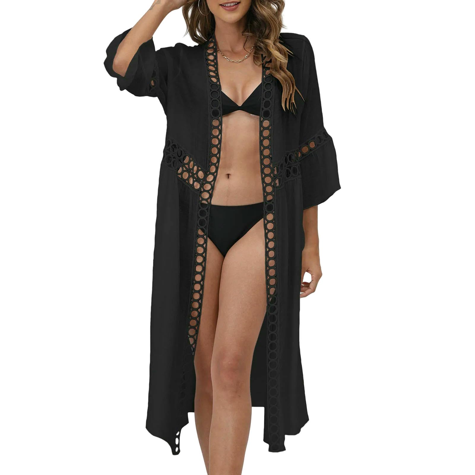 Damska narzuta plażowa w stylu seaside Resort bluzka plażowa luźna 3 4 rękawy koronkowe rozcięcie, ochrona przed słońcem, tunika kaftan, długa, pareo, bikini, czarna, XL