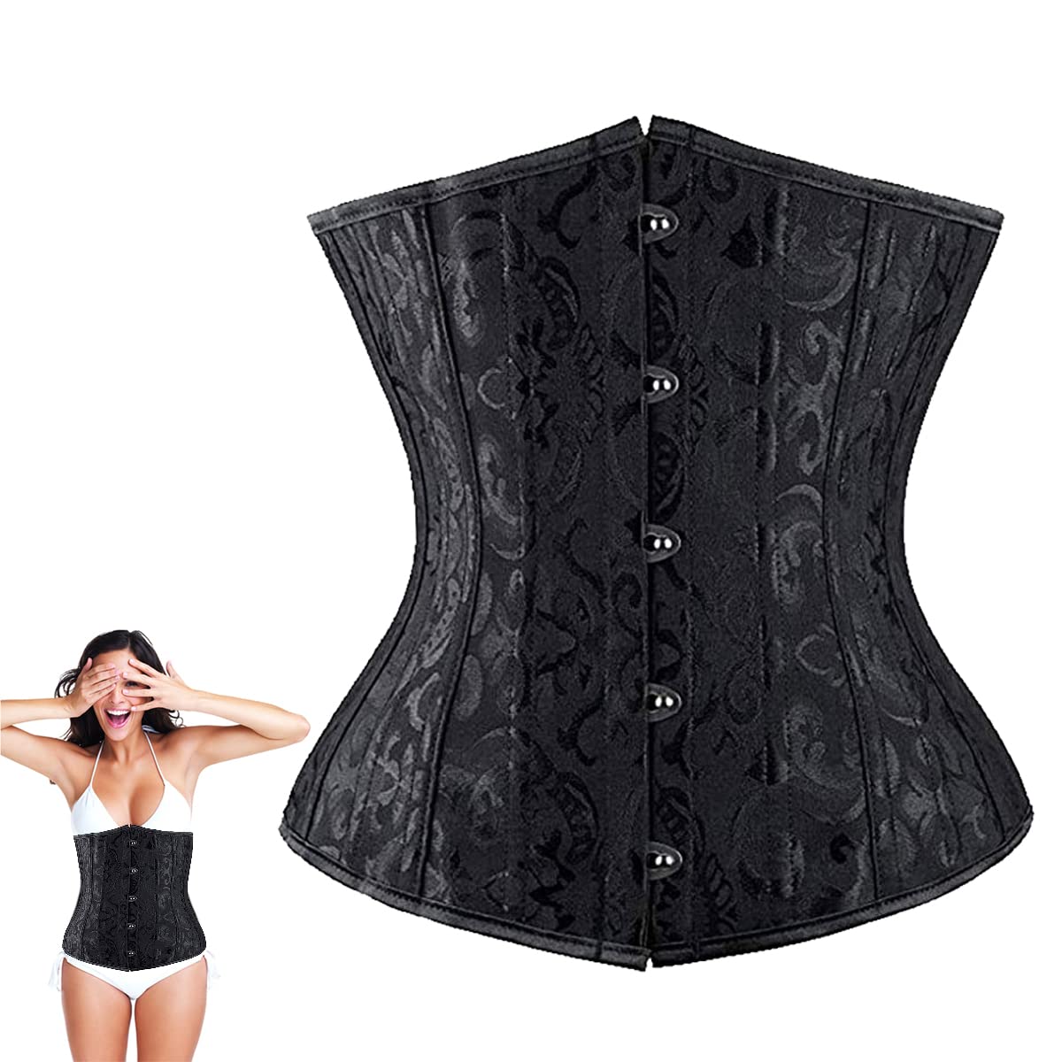 Morices Women's Waist Training Corsets, Black Sexy Underbust Corset Bustier with G-String, Vintage Boned Corset Party Bustier Cami Tops