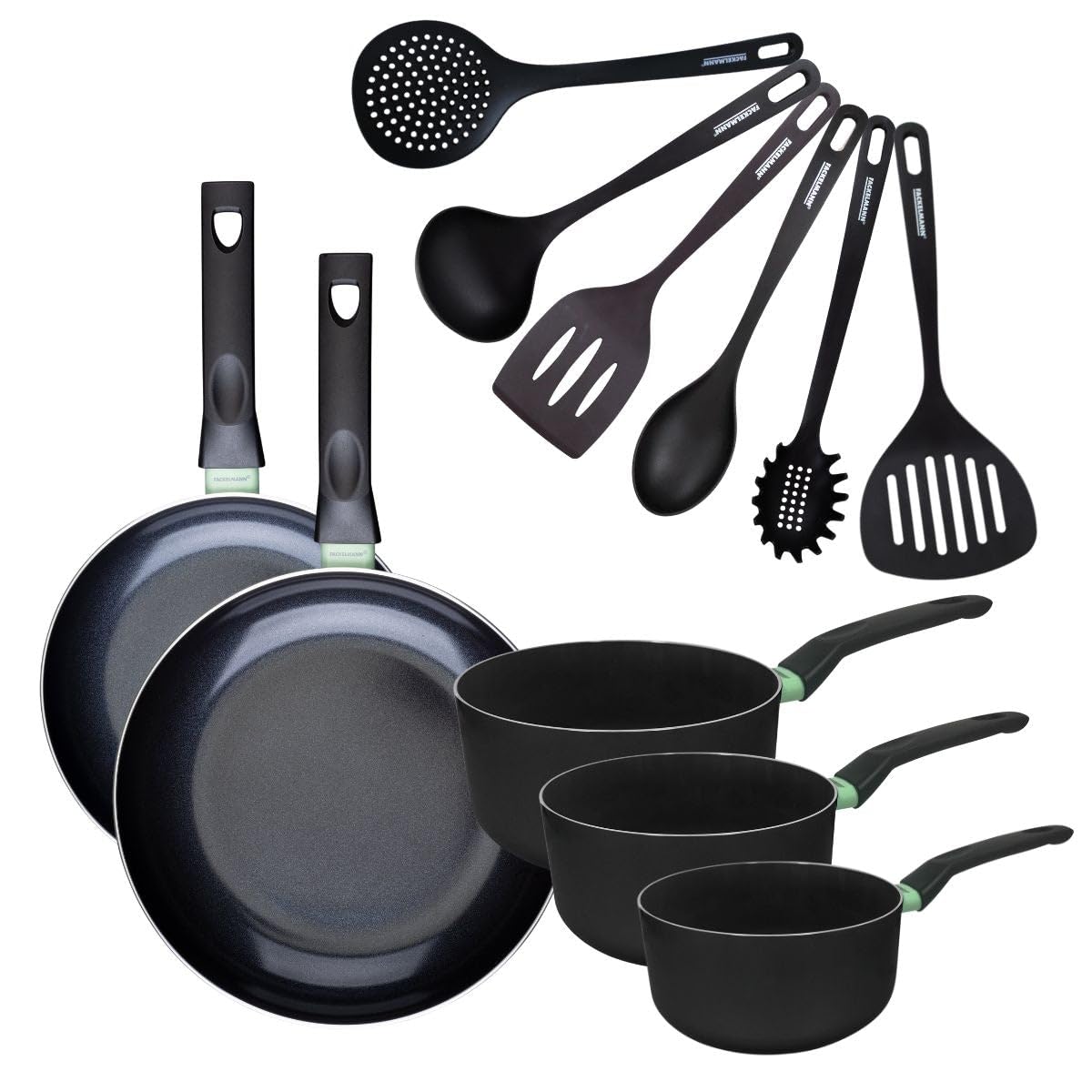 Fackelmann 9433050 Zestaw 2 patelni 24 i 28 cm, 3 garnki 16-20 cm i 6 naczyń, patelnia nieprzywierająca, bez PFAS, powłoka ceramiczna, wszystkie palniki, indukcyjne, aluminium, RPET, czarny, zielony