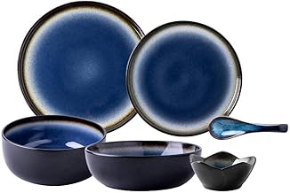 POCHY Conjuntos de louça fina estilo palácio prato de jantar conjuntos de jantar de cerâmica 23 peças conjunto de louça de esmalte azul para troca de forno | Tigela de cereal, colher e prato