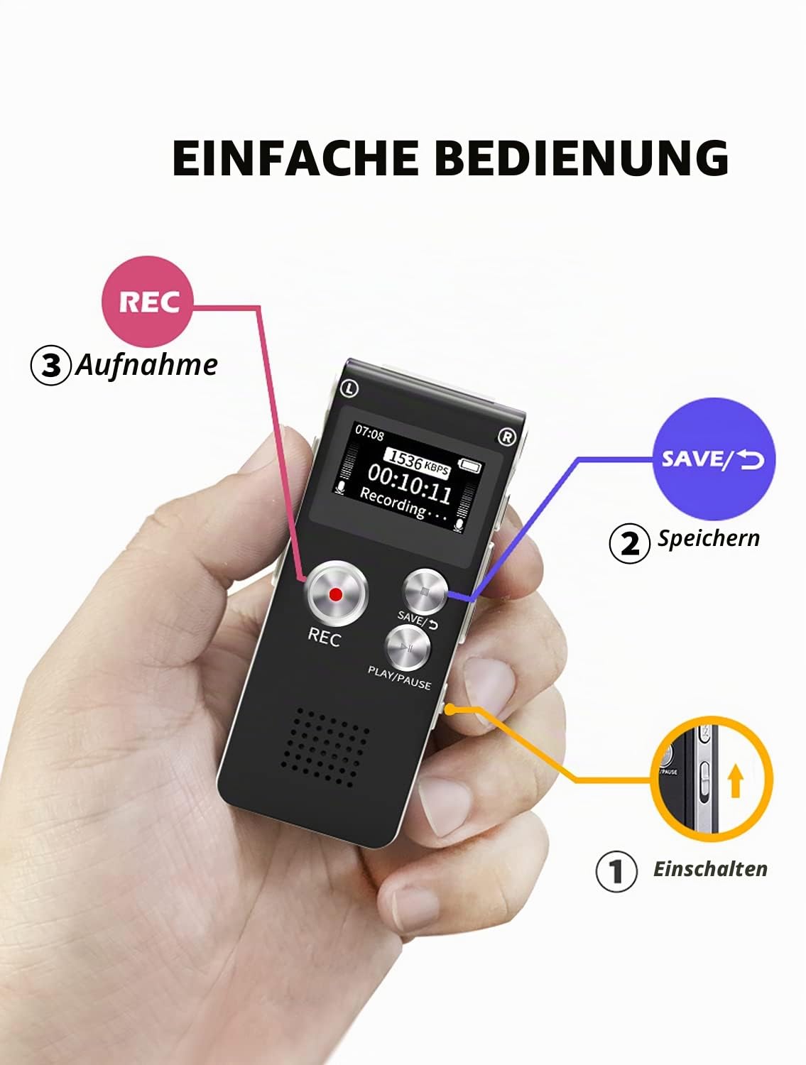 Digitales Diktiergerät, 32GB, Mini-Aufnahmegerät, unterstützt 30 Stunden kontinuierliche Aufnahme, wiederaufladbarer USB, multifunktionaler digitaler Audio- und MP3-Player
