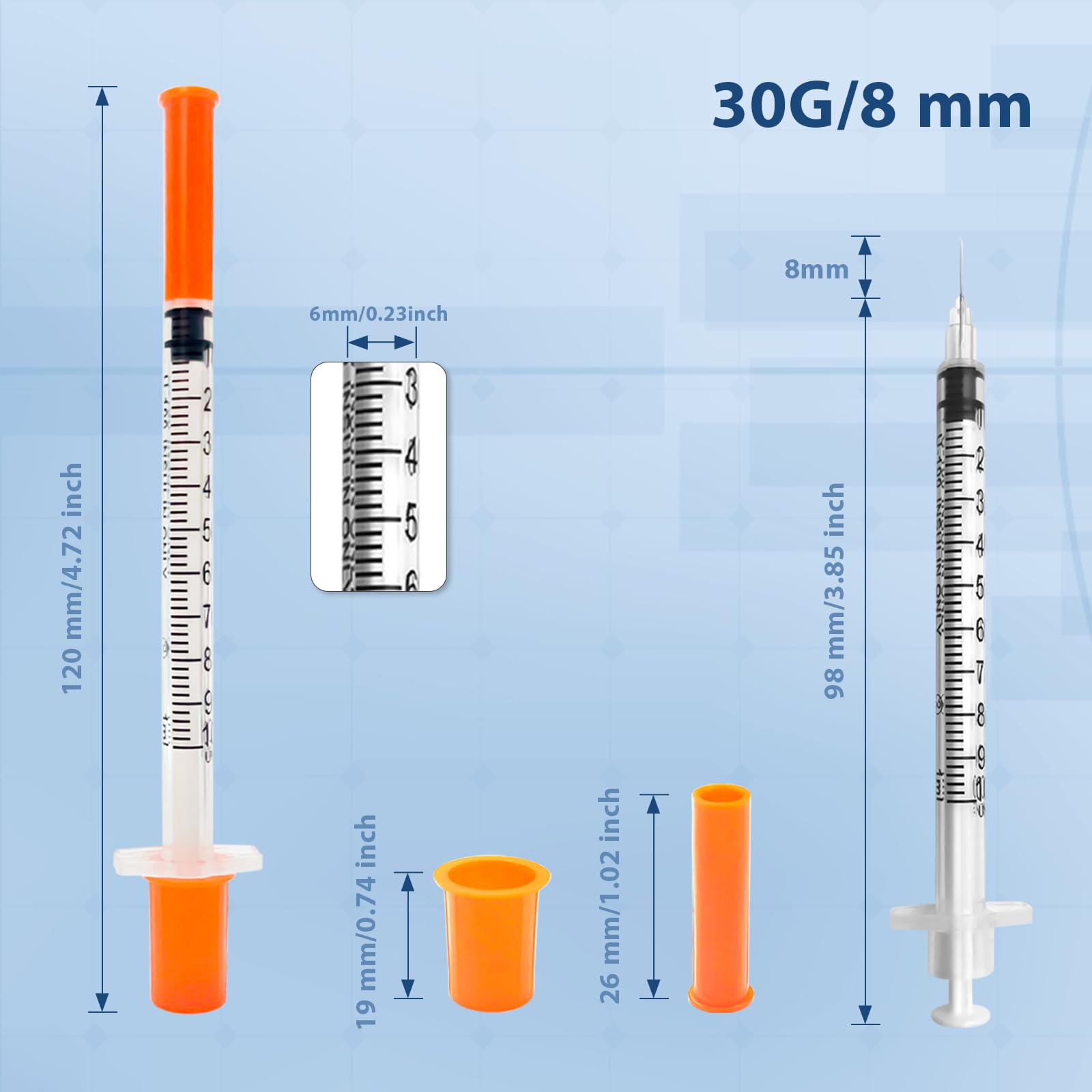 Jeringa U-100, 1 ml, 30 g, 5/16 pulgadas, 8 mm, herramientas de laboratorio, envueltas individualmente, paquete de 30
