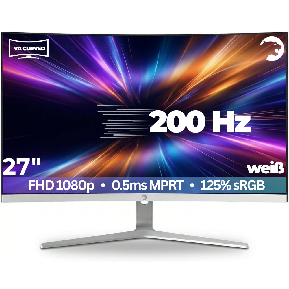 GAMEPOWER Vivid T50 Curved 27 Zoll Gaming Weiß Monitor, 200Hz, Full HD 1920x1080p, VA Panel, 0,5 ms, 125% sRGB, FreeSync & G-Sync, White PC Bildschirm, integrierte Lautsprecher