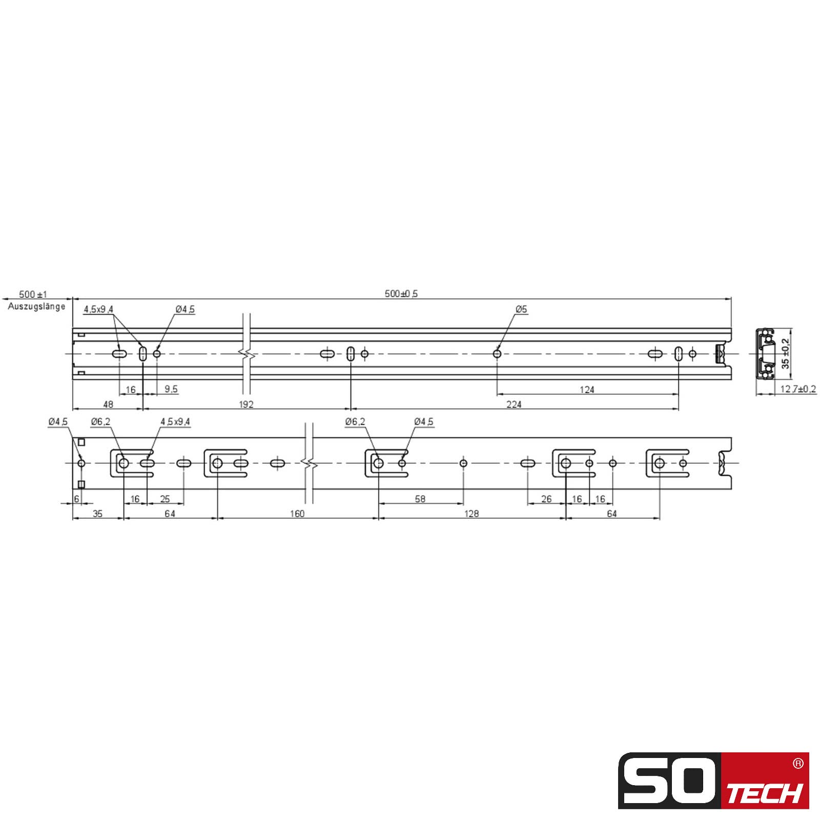 SOTECH 5 pares de guías de extracción total KV-25-H35-L500-NF-MS 500 mm versión estándar, capacidad de carga 25 kg, extracción del cajón incl. juego de tornillos