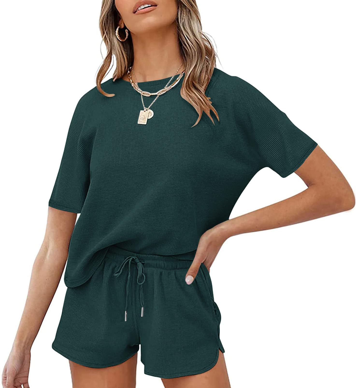 MEROKEETY Women's Short Sleeve Waffle Pajama Sets Lounge Top and Shorts 2 Piece Tracksuit Outfits