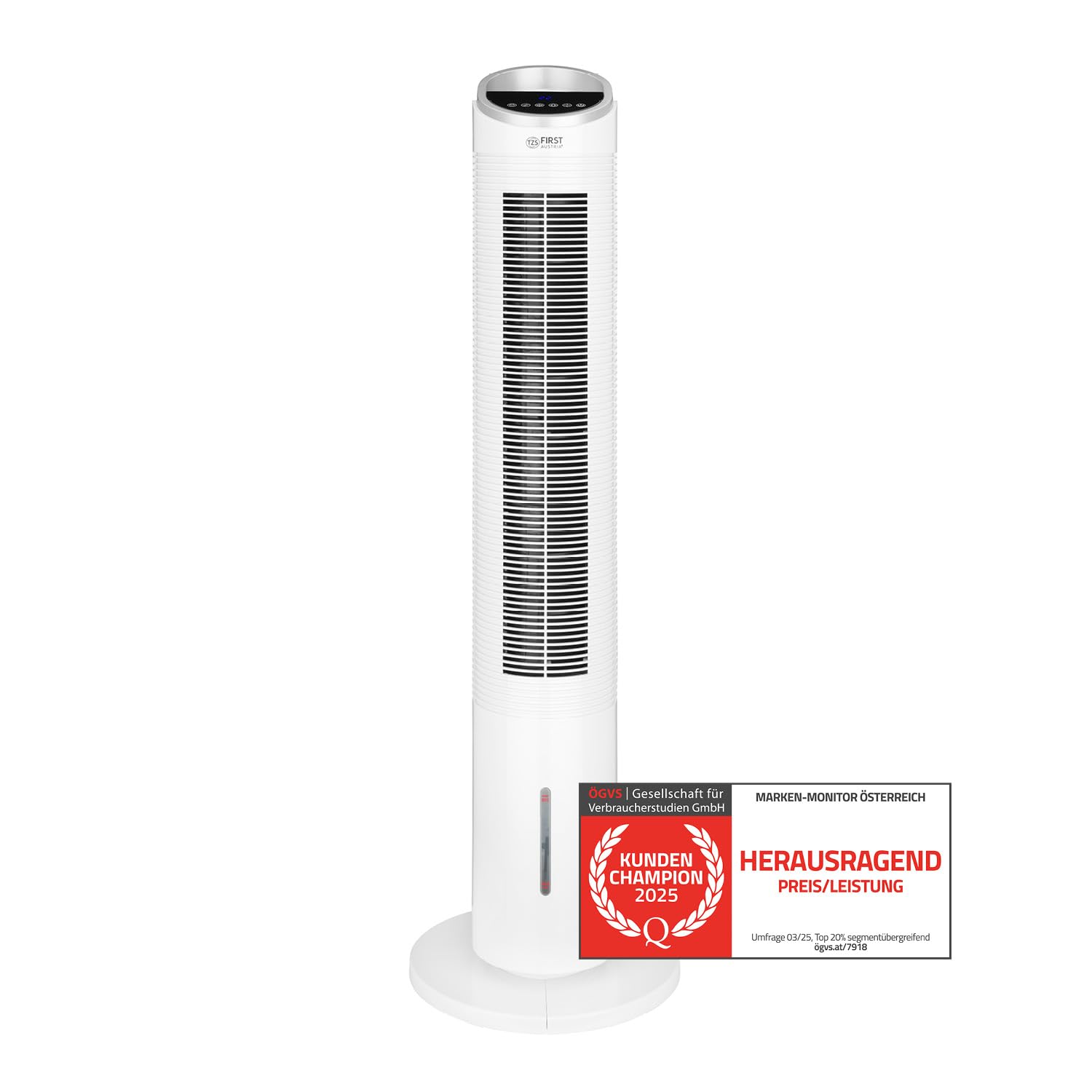 TZS Turmventilator mit Wasserkühlung & Fernbedienung – 102 cm, leiser Luftkühler, 80° Oszillation, Timer, 3 Stufen, Display-Touch-Sensor, Weiß